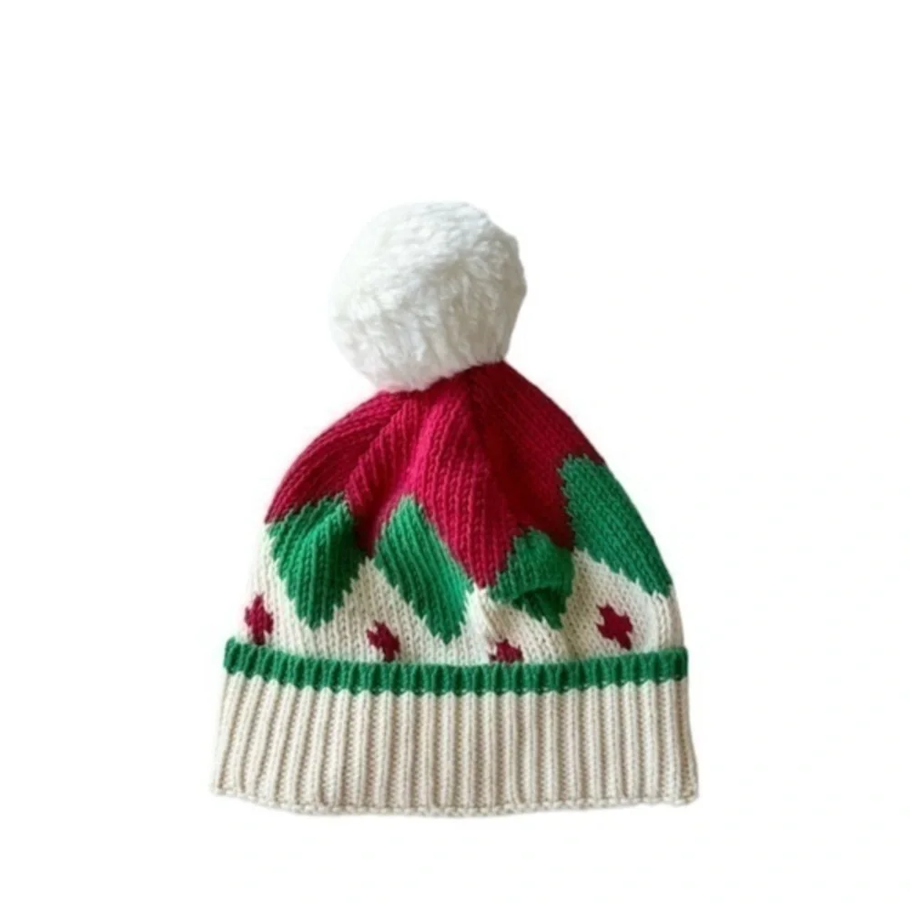 Garnet Hill Kids Green Red White Knit Pom Pom Cotton Hat Beanie‎